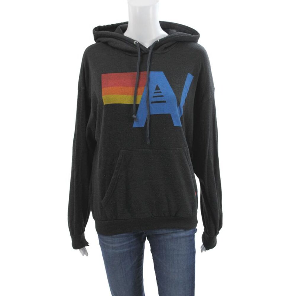 Aviator Nation Unisex Pullover Hoodie Black Graphic Print Long Sleeve Size XS